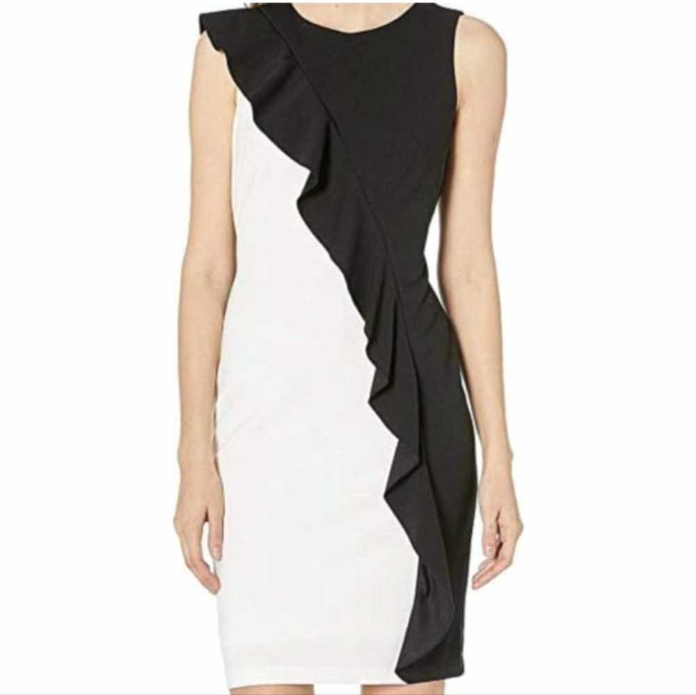 Adrianna Papell Black and Gray Caastiles Style Sleeveless Ruffle Dress